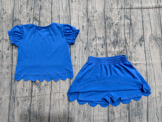 NO MOQ Preorder GSD3937 Solid Blue Wave Ruffle Short Sleeve with Skirts for Girls Sets 202604