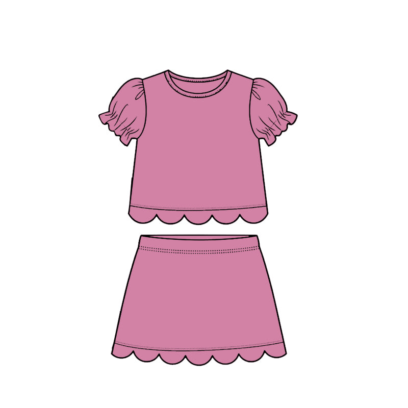 MOQ 30 PCS Preorder GSD3939 Solid Pink Purple Wave Ruffle Short Sleeve with Skirts for Girls Sets 202603