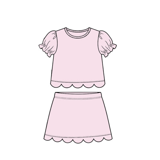 MOQ 30 PCS Preorder GSD3940 Solid Pink Wave Ruffle Short Sleeve with Skirts for Girls Sets 202603