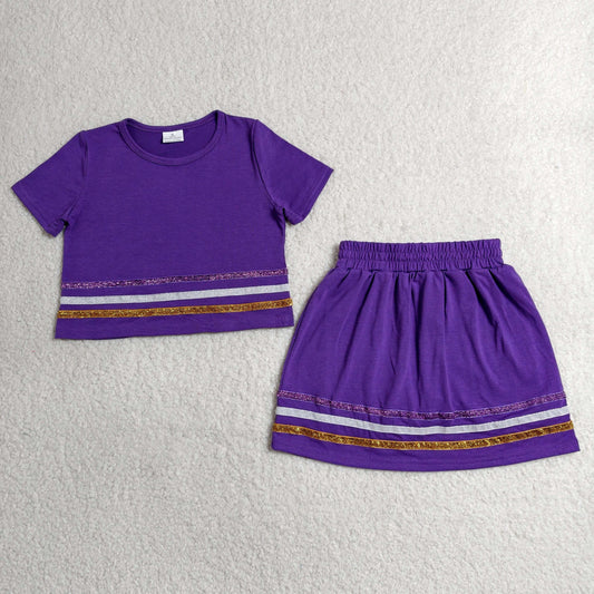 GSD3944 Colored Stripe Solid Purple Short Sleeve with Skirts for Girls Sets 202606 RTS