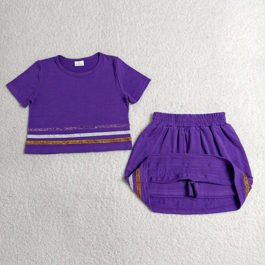 GSD3944 Colored Stripe Solid Purple Short Sleeve with Skirts for Girls Sets 202606 RTS