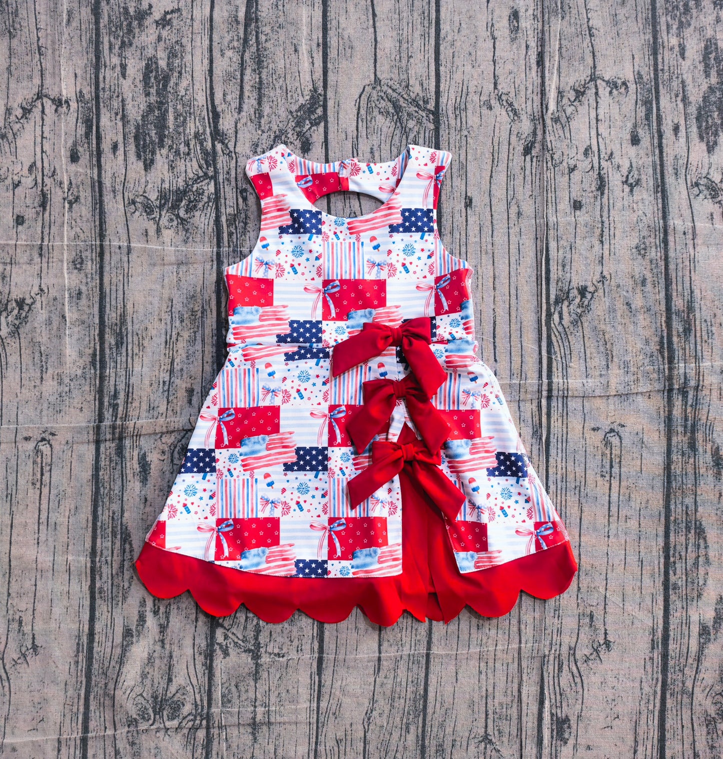 NO MOQ Preorder GSD3945 4th of July Flag Star Stripe Fireworks Plaid Bow Red Wave Ruffle Sleeveless Yoga Dresses for Girls 202604