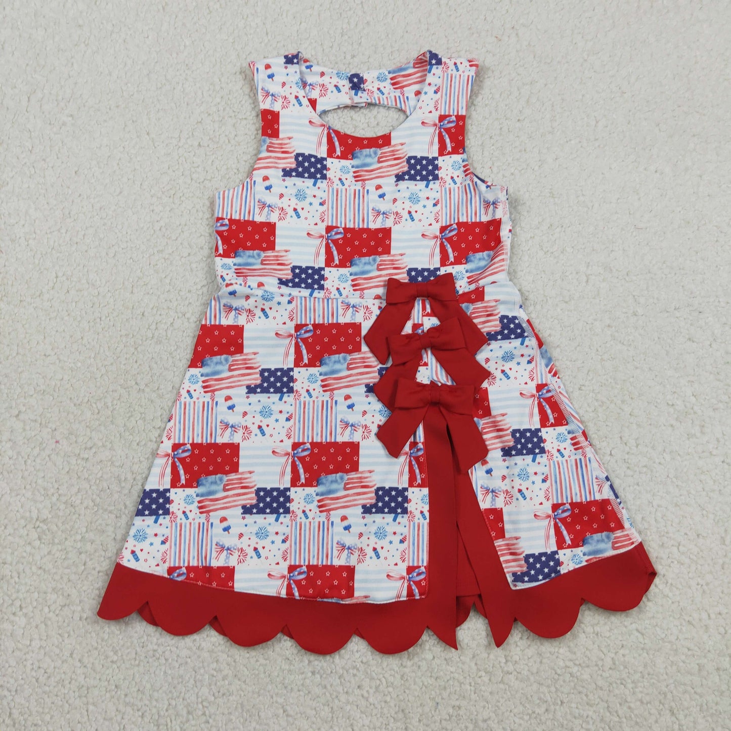 GSD3945 4th of July Flag Star Stripe Fireworks Plaid Bow Red Wave Ruffle Sleeveless Yoga Dresses for Girls 202606 RTS