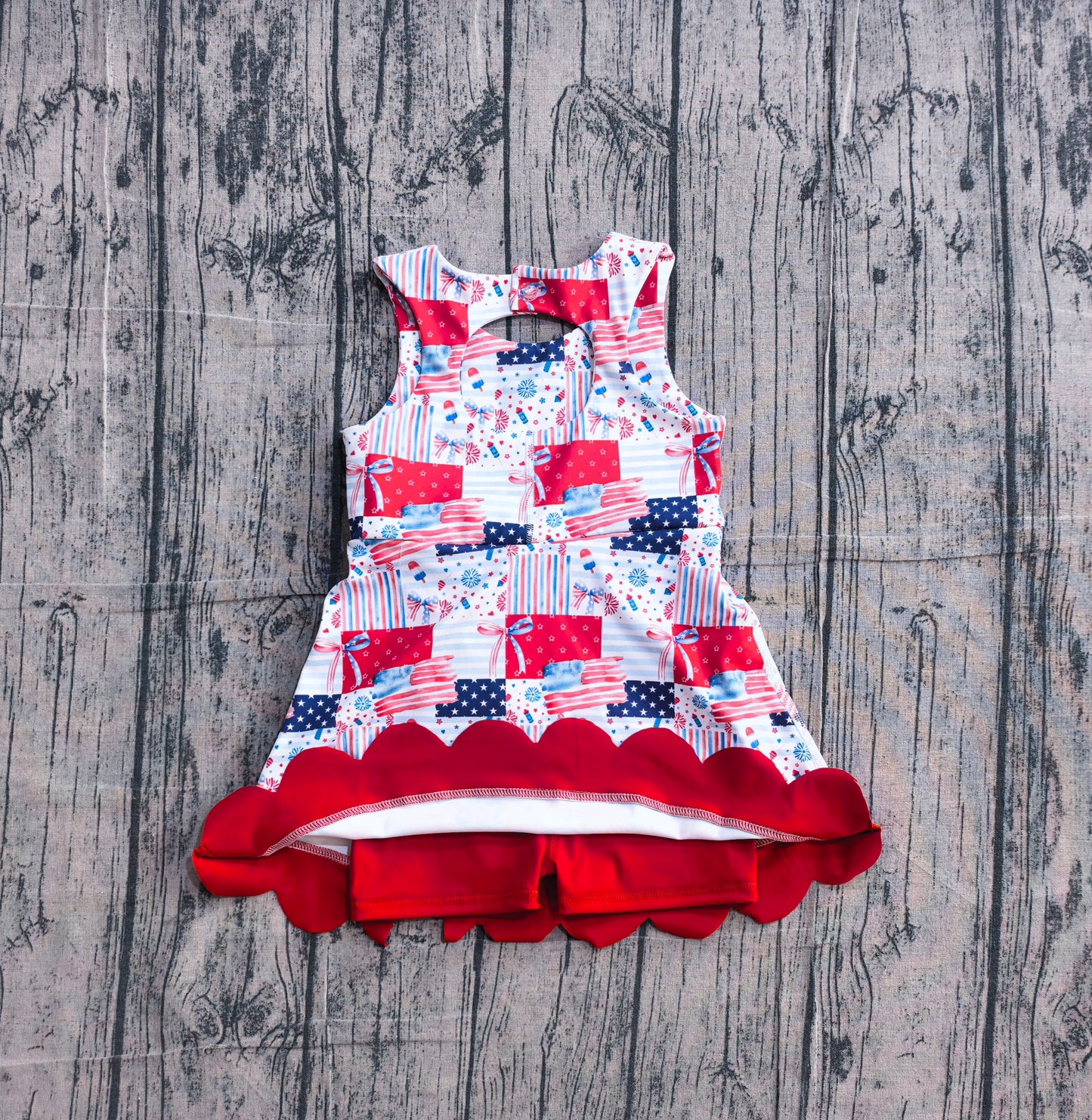 NO MOQ Preorder GSD3945 4th of July Flag Star Stripe Fireworks Plaid Bow Red Wave Ruffle Sleeveless Yoga Dresses for Girls 202604