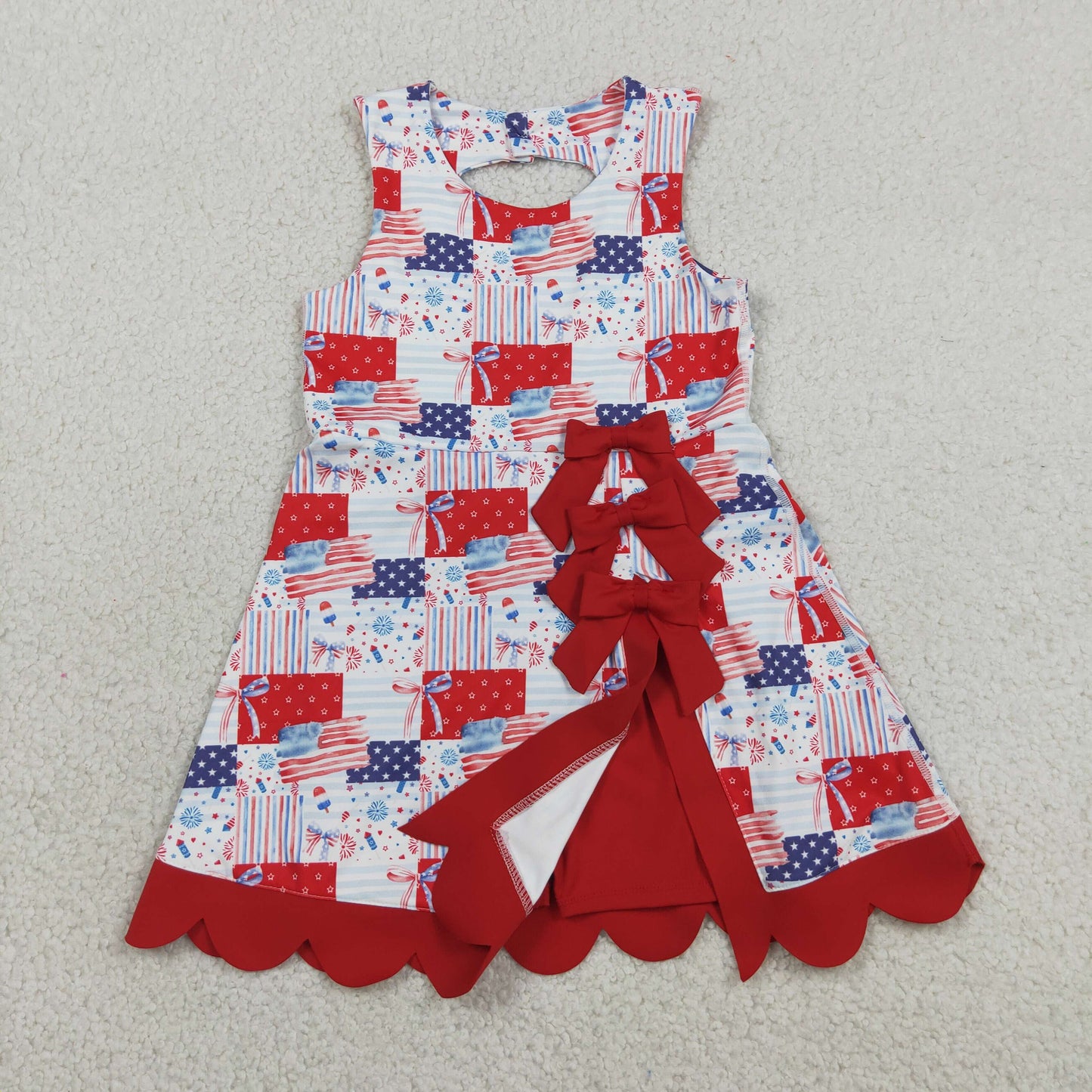 GSD3945 4th of July Flag Star Stripe Fireworks Plaid Bow Red Wave Ruffle Sleeveless Yoga Dresses for Girls 202606 RTS