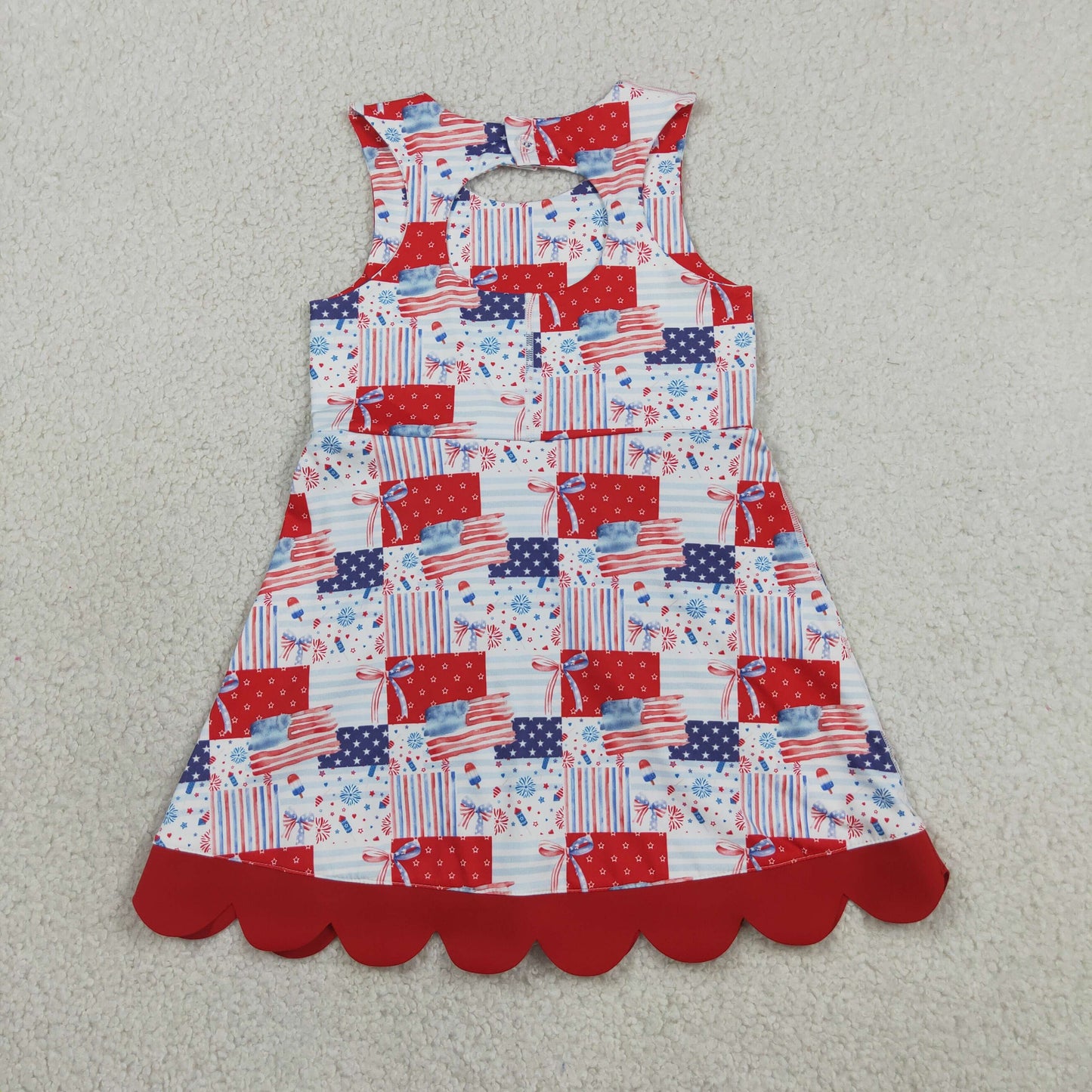 GSD3945 4th of July Flag Star Stripe Fireworks Plaid Bow Red Wave Ruffle Sleeveless Yoga Dresses for Girls 202606 RTS