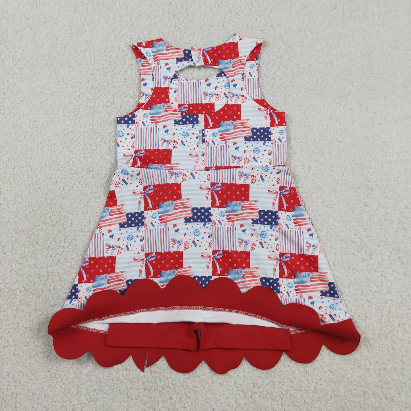 GSD3945 4th of July Flag Star Stripe Fireworks Plaid Bow Red Wave Ruffle Sleeveless Yoga Dresses for Girls 202606 RTS