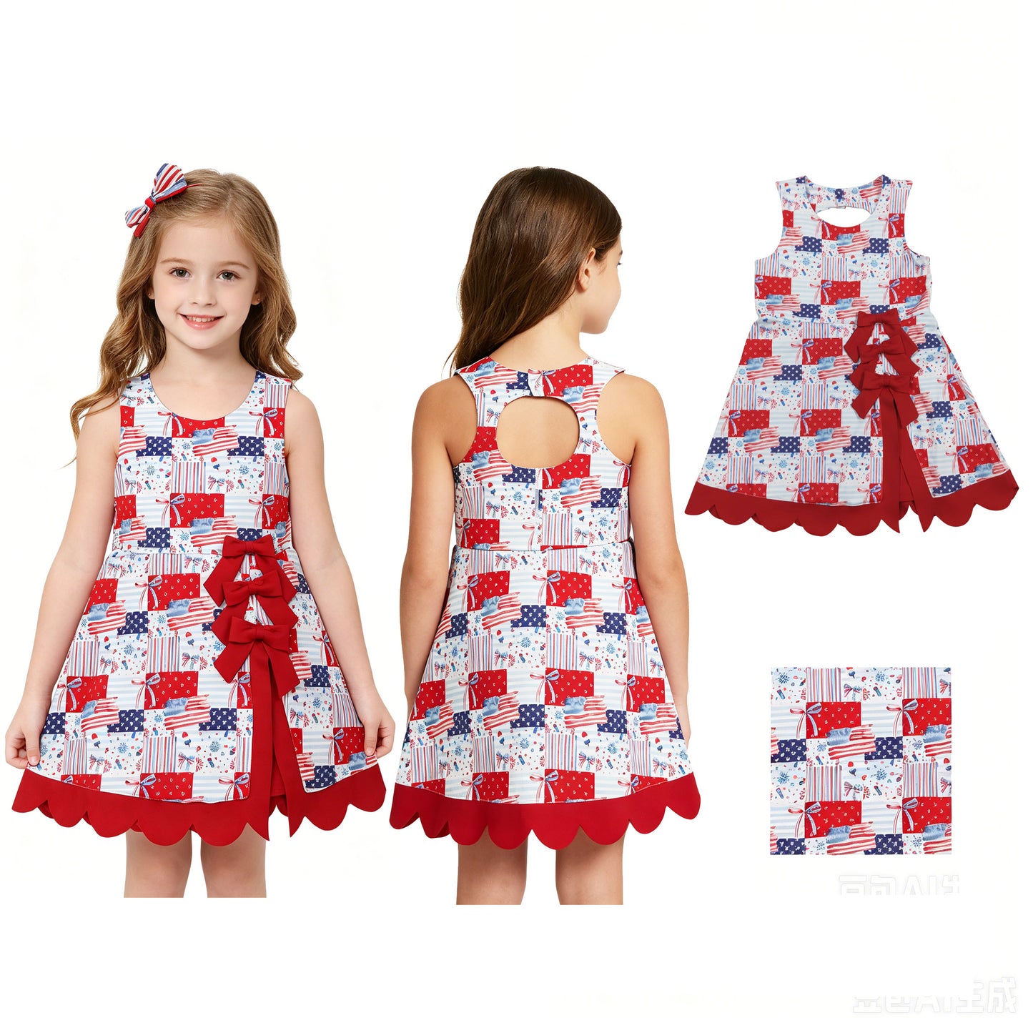 GSD3945 4th of July Flag Star Stripe Fireworks Plaid Bow Red Wave Ruffle Sleeveless Yoga Dresses for Girls 202606 RTS