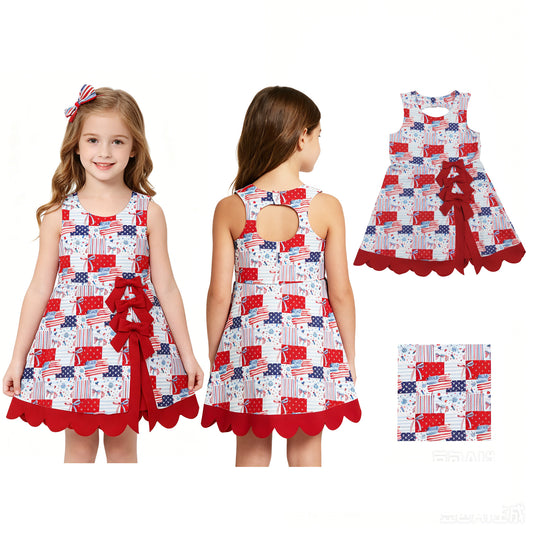 GSD3945 4th of July Flag Star Stripe Fireworks Plaid Bow Red Wave Ruffle Sleeveless Yoga Dresses for Girls 202606 RTS