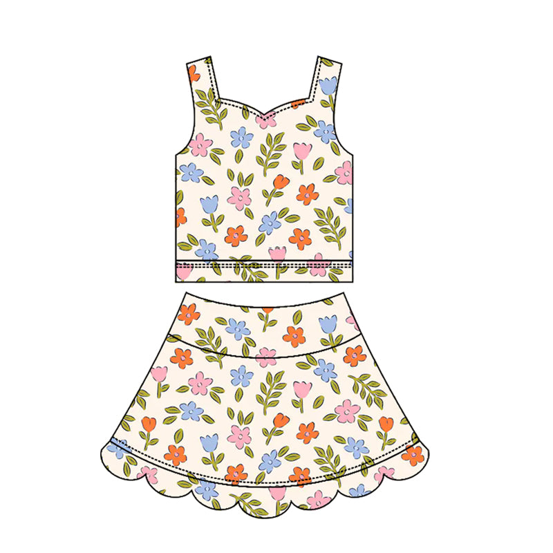 MOQ 30 PCS preorder GSD3947 Flower Leaf Beige Wave Ruffle Sleeveless Top with Skirts for Girls Yoga Sets 202603