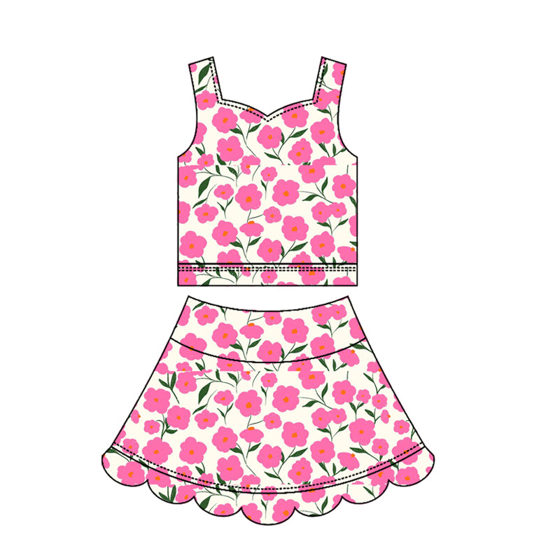 MOQ 30 PCS preorder GSD3949 Rose Red Flower Wave Ruffle Sleeveless Top with Skirts for Girls Yoga Sets 202603