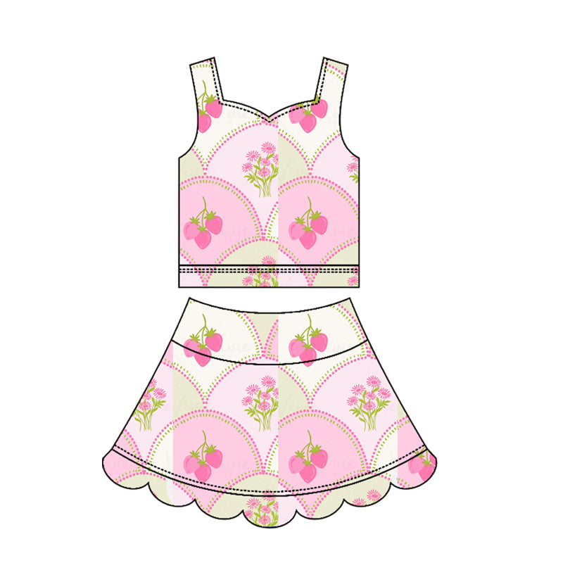 MOQ 30 PCS preorder GSD3952 Strawberry Flower Wave Ruffle Sleeveless Top with Skirts for Girls Yoga Sets 202603