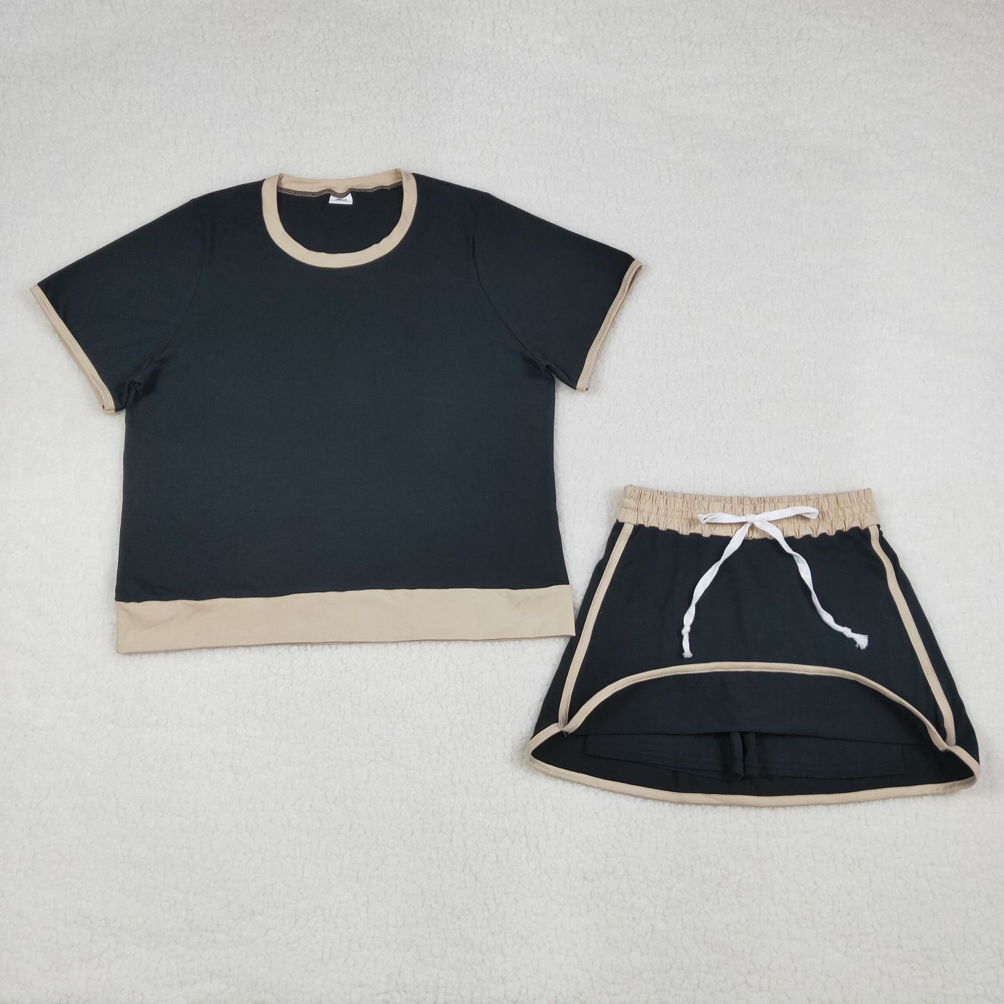 GSD3954 Adult Female Beige Black Patchwork Short Sleeve Top with Skirts Cotton Sets 202604 RTS