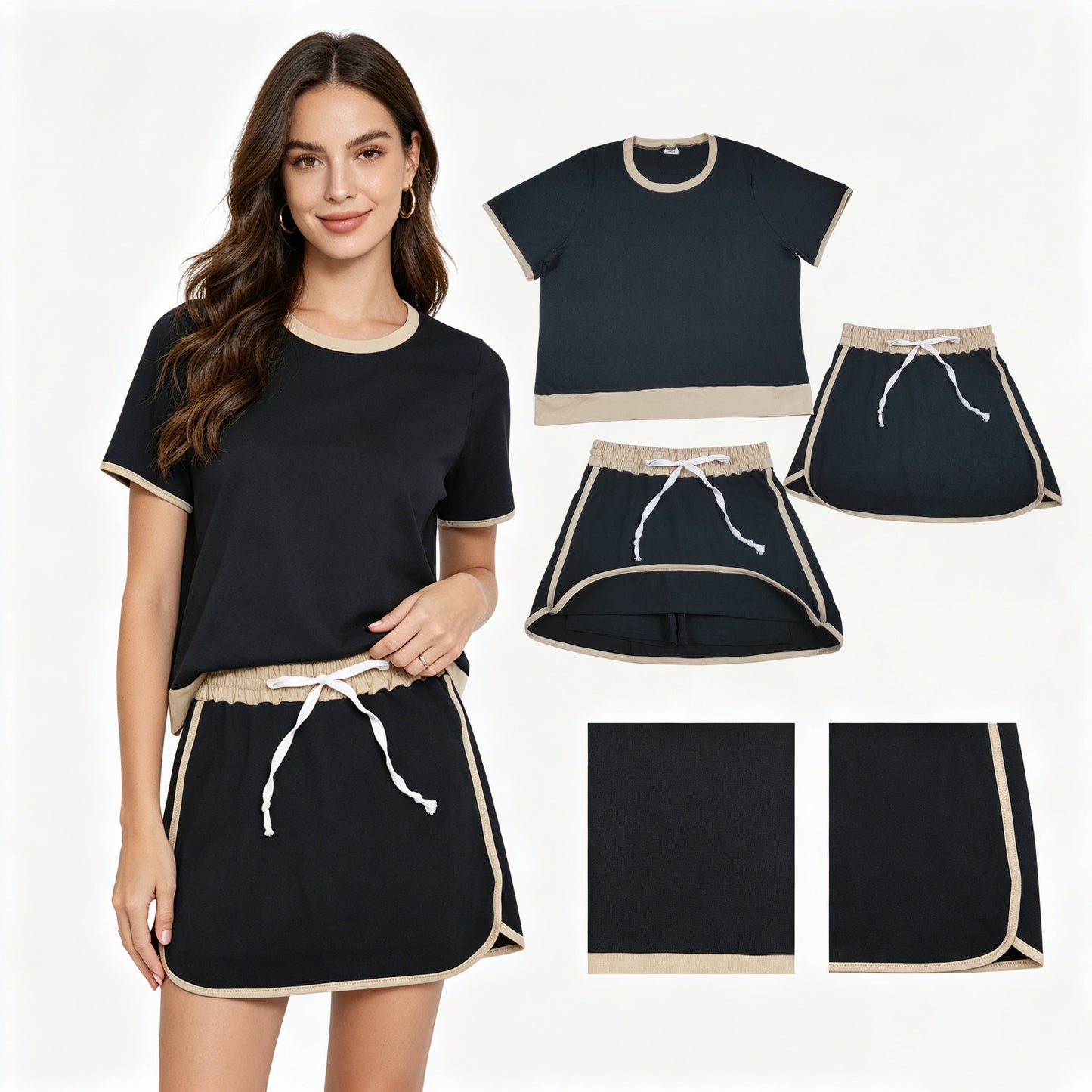 GSD3954 Adult Female Beige Black Patchwork Short Sleeve Top with Skirts Cotton Sets 202604 RTS