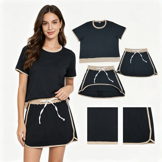 GSD3954 Adult Female Beige Black Patchwork Short Sleeve Top with Skirts Cotton Sets 202604 RTS