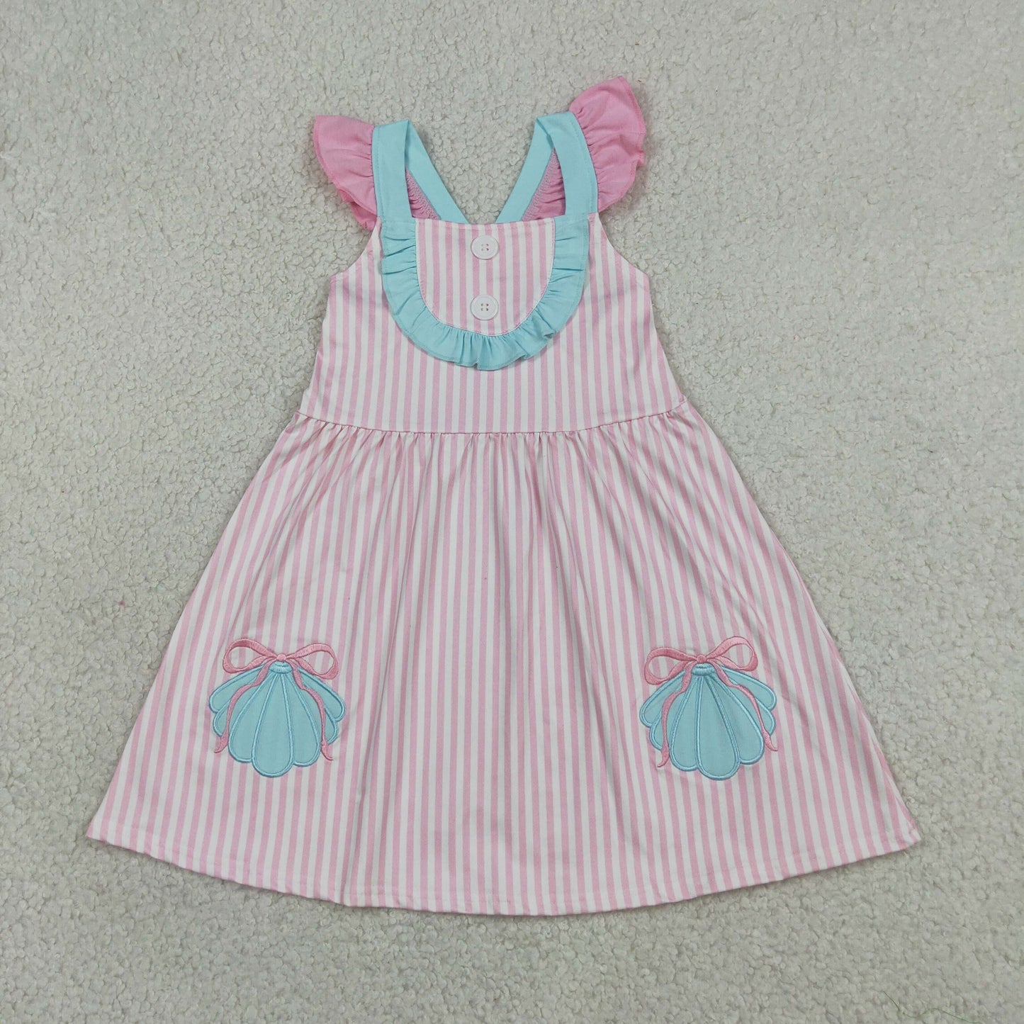 GSD3958 Embroidered Seashell Bows Pink Stripe Ruffle Flying Sleeve Dresses for Girls 202605 RTS