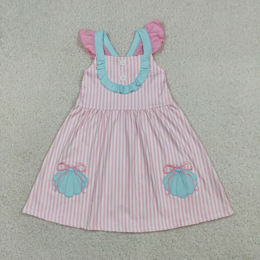 GSD3958 Embroidered Seashell Bows Pink Stripe Ruffle Flying Sleeve Dresses for Girls 202605 RTS