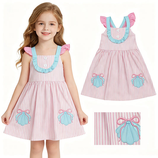 GSD3958 Embroidered Seashell Bows Pink Stripe Ruffle Flying Sleeve Dresses for Girls 202605 RTS