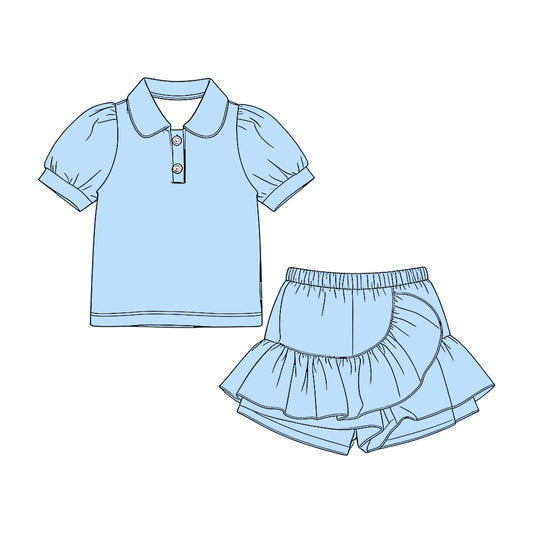 MOQ 5 PCS Preorder GSD3959 Solid Blue Polo Short Sleeve with Skirts for Girls Sets 202603