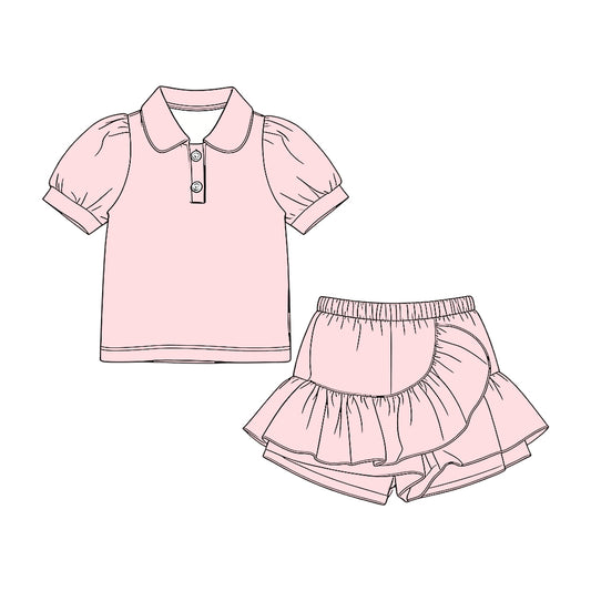 MOQ 5 PCS Preorder GSD3961 Solid Pink Polo Short Sleeve with Skirts for Girls Sets 202603