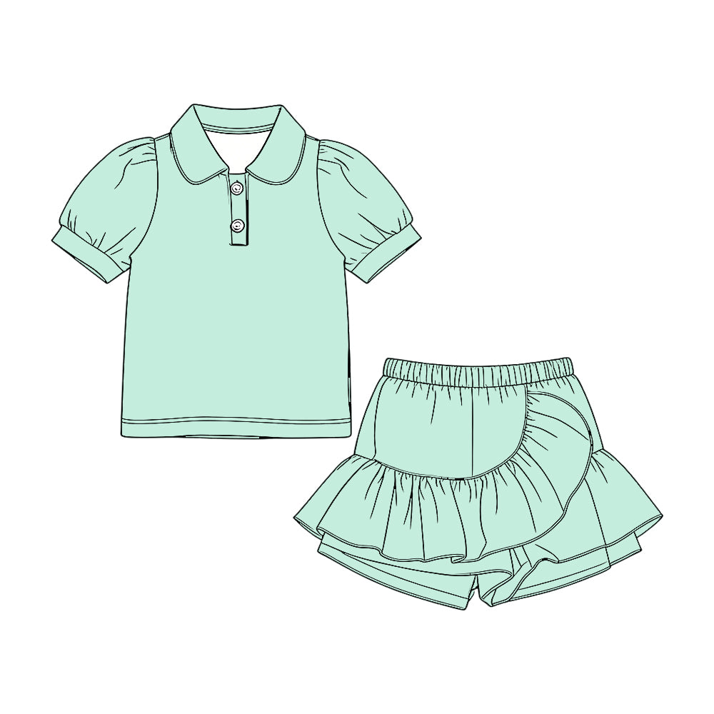 MOQ 5 PCS Preorder GSD3962 Solid Green Polo Short Sleeve with Skirts for Girls Sets 202603