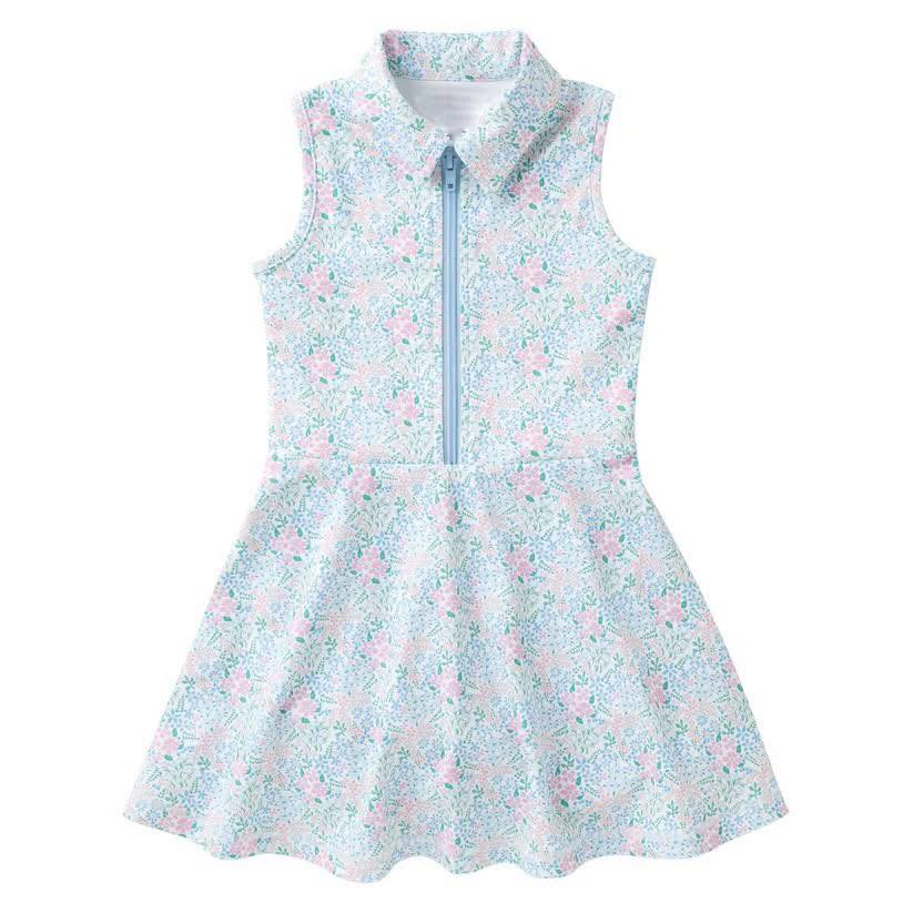 MOQ 5 PCS Preorder GSD3966 Floral Blue Zip Polo Sleeveless Yoga Dresses for Girls 202603