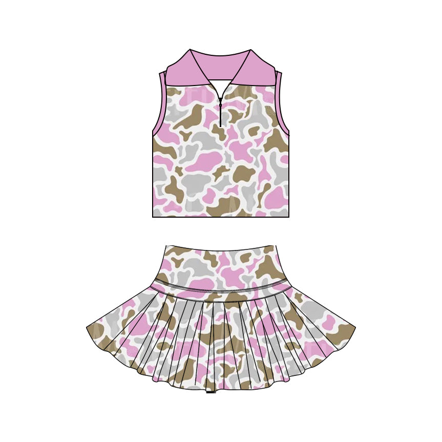 MOQ 5 PCS preorder GSD3967 Pink Gray Brown Camouflage Polo Sleeveless Top with Skirts for Girls Yoga Sets 202603