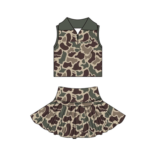 MOQ 5 PCS preorder GSD3969 Gray Green Brown Camouflage Polo Sleeveless Top with Skirts for Girls Yoga Sets 202603