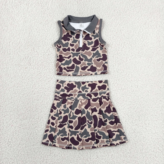 GSD3969 Gray Green Brown Camouflage Polo Sleeveless Top with Skirts for Girls Yoga Sets 202606 RTS