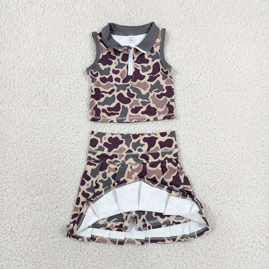 GSD3969 Gray Green Brown Camouflage Polo Sleeveless Top with Skirts for Girls Yoga Sets 202606 RTS