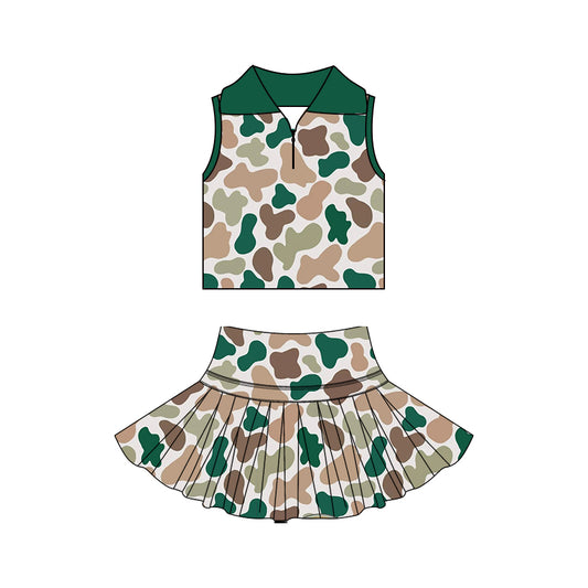 MOQ 5 PCS preorder GSD3972 Green Camouflage Polo Sleeveless Top with Skirts for Girls Yoga Sets 202603