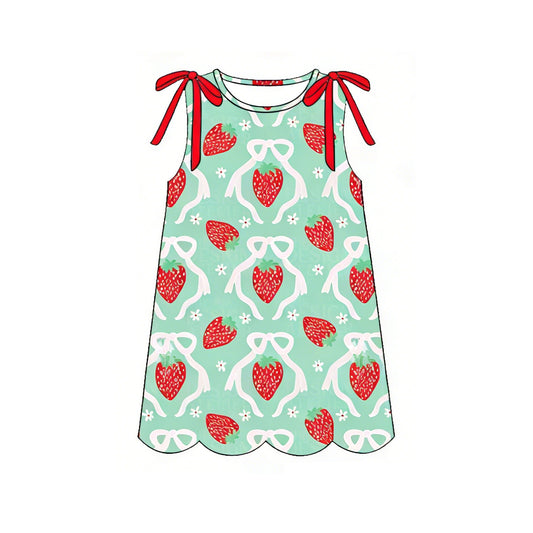 MOQ 5 PCS Preorder GSD3975 Red Strawberry Bows Flower Green Sleeveless Dresses for Girls 202603