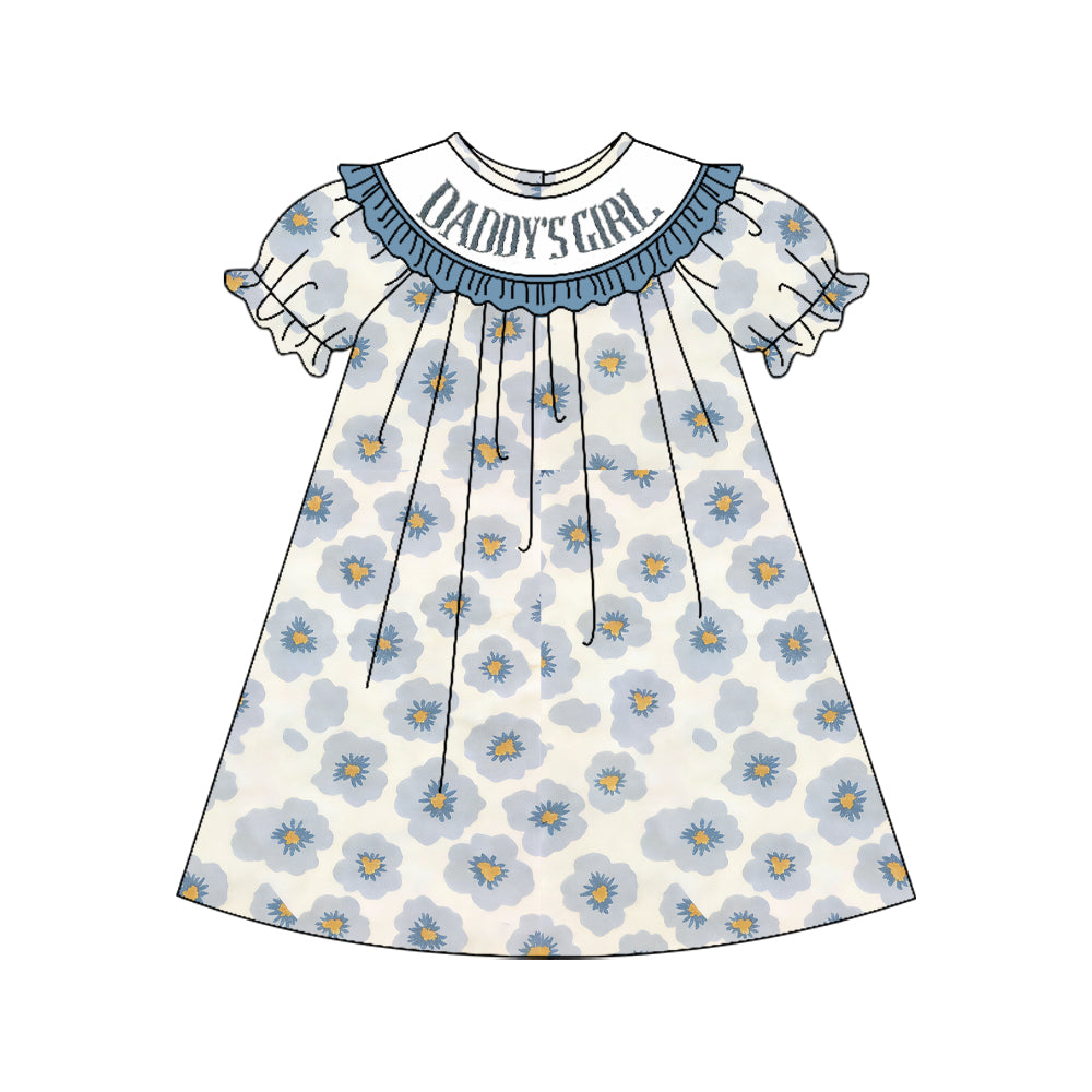 MOQ 5 PCS Preorder GSD3987 DADDY'S GIRL Flower Gray Blue Ruffle Short Sleeve Dresses for Girls 202603