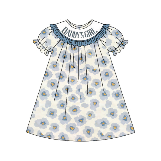 MOQ 5 PCS Preorder GSD3987 DADDY'S GIRL Flower Gray Blue Ruffle Short Sleeve Dresses for Girls 202603