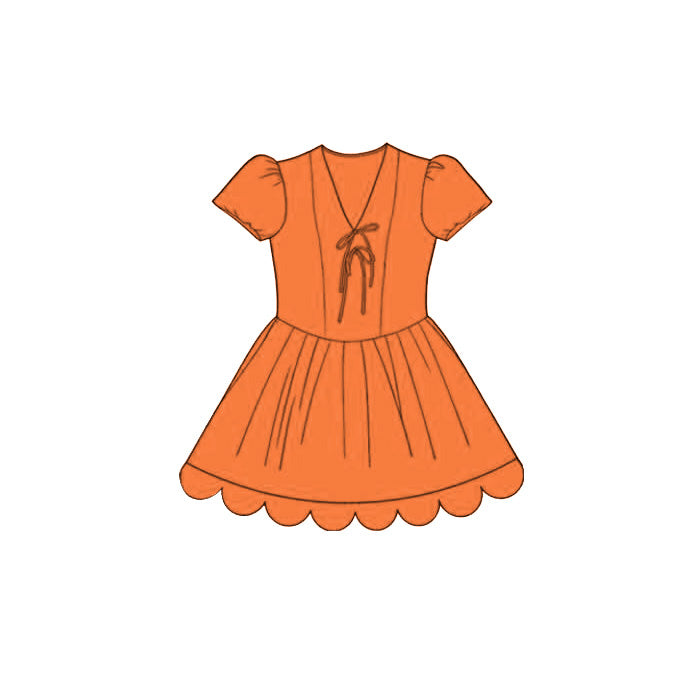 MOQ 30 PCS Preorder GSD3993 Solid Orange V-Neck Bows Wave Ruffle Short Sleeve Dresses for Girls 202603