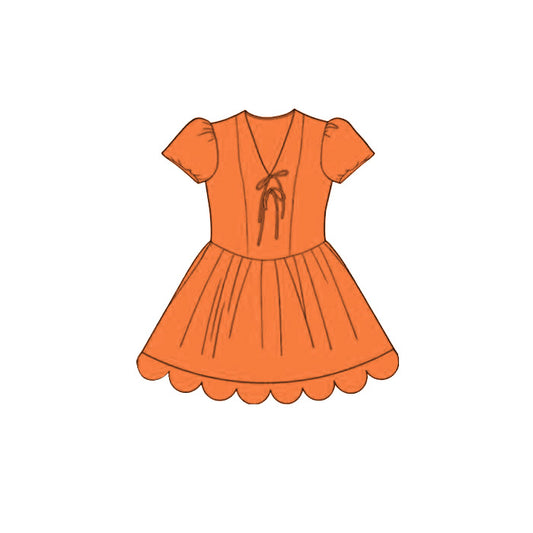 MOQ 30 PCS Preorder GSD3993 Solid Orange V-Neck Bows Wave Ruffle Short Sleeve Dresses for Girls 202603