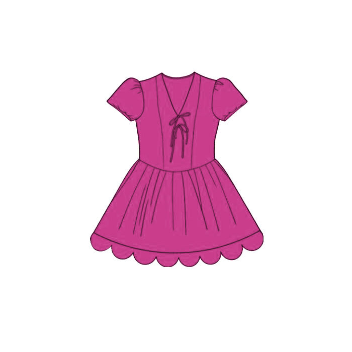 MOQ 30 PCS Preorder GSD3994 Solid Rose Red V-Neck Bows Wave Ruffle Short Sleeve Dresses for Girls 202603