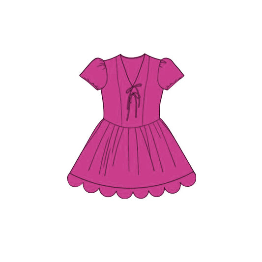 MOQ 30 PCS Preorder GSD3994 Solid Rose Red V-Neck Bows Wave Ruffle Short Sleeve Dresses for Girls 202603