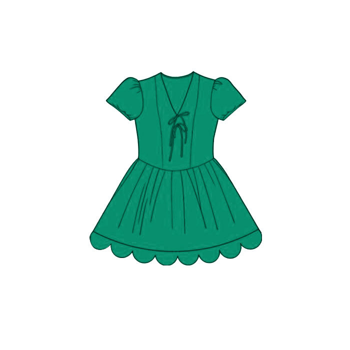 MOQ 30 PCS Preorder GSD3998 Solid Green V-Neck Bows Wave Ruffle Short Sleeve Dresses for Girls 202603