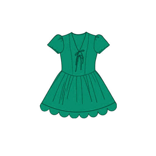 MOQ 30 PCS Preorder GSD3998 Solid Green V-Neck Bows Wave Ruffle Short Sleeve Dresses for Girls 202603