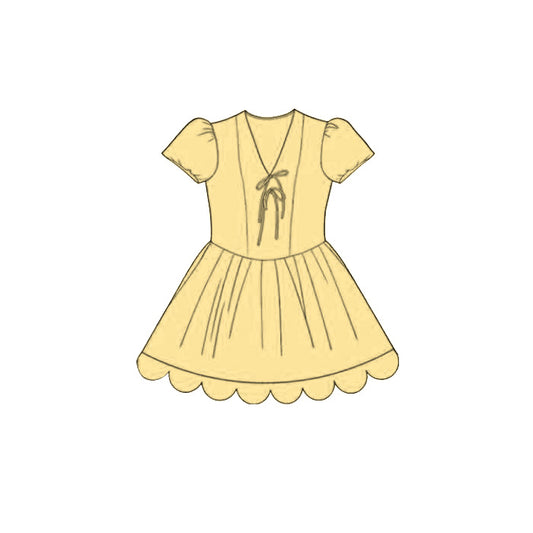 MOQ 30 PCS Preorder GSD4000 Solid Yellow V-Neck Bows Wave Ruffle Short Sleeve Dresses for Girls 202603