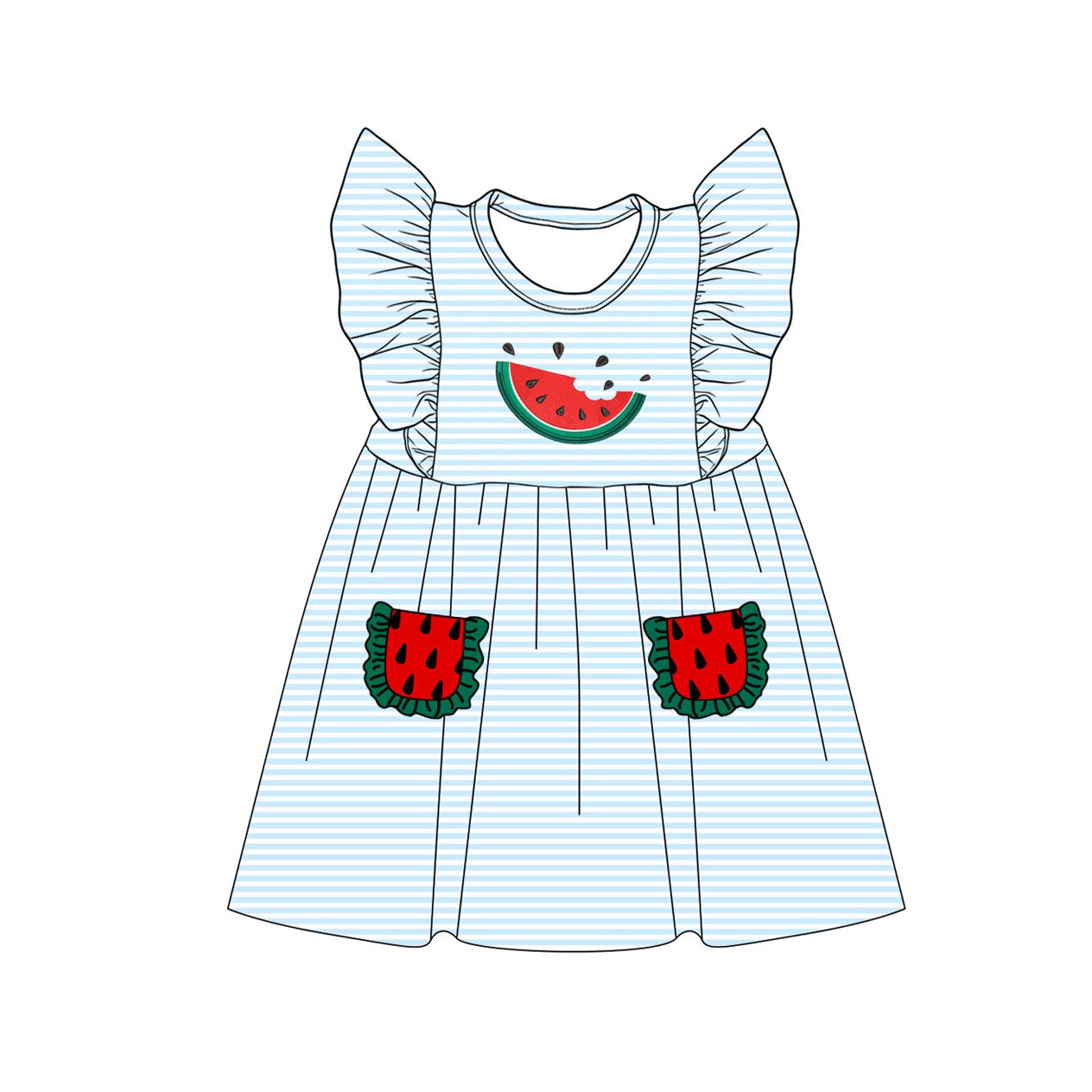 MOQ 5 PCS Preorder GSD4001 Watermelon Ruffle Pocket Light Blue Stripe Flying Sleeve Dresses for Girls 202603