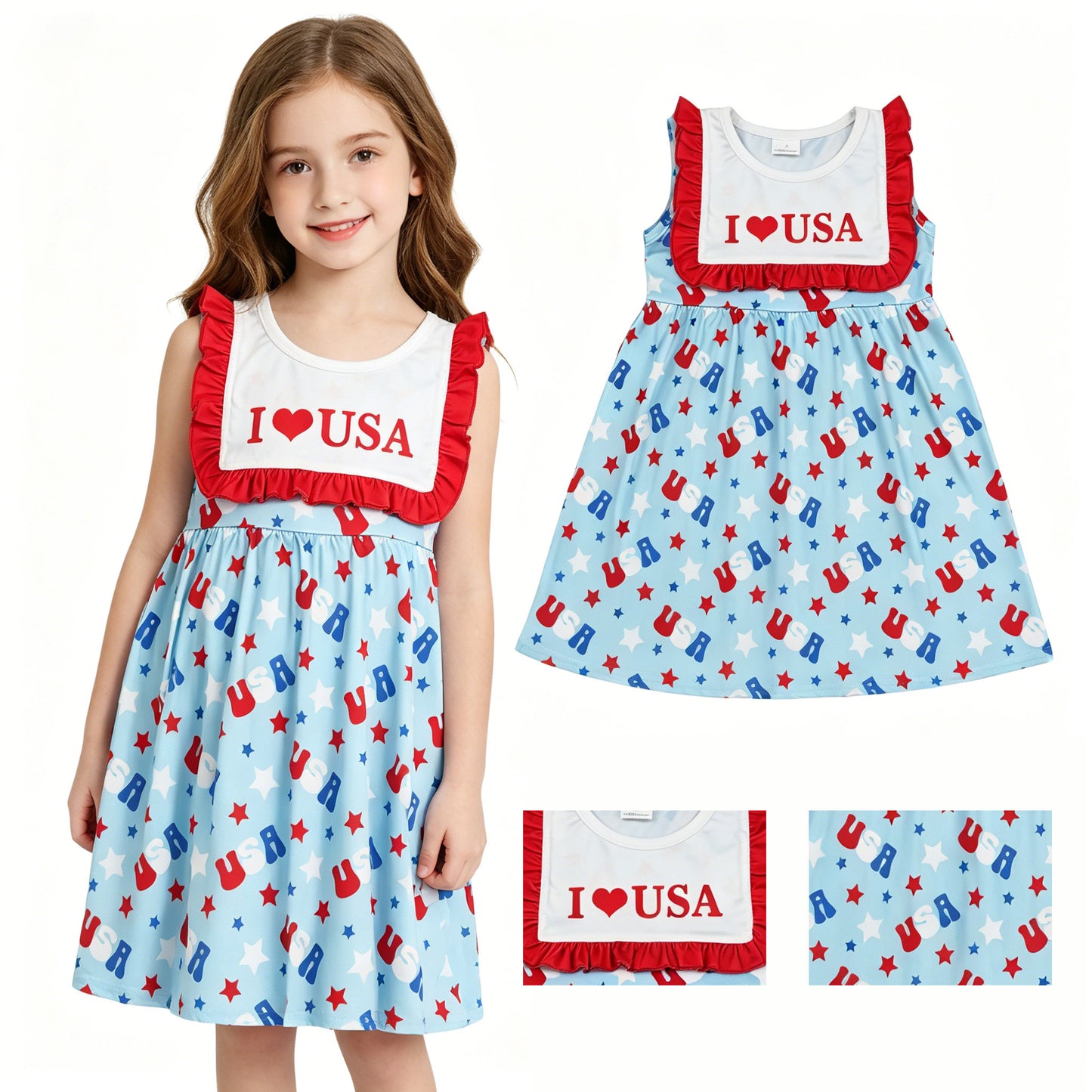 GSD4002 4th of July I Love USA Red Ruffle Sleeveless Dresses for Girls 202604 RTS