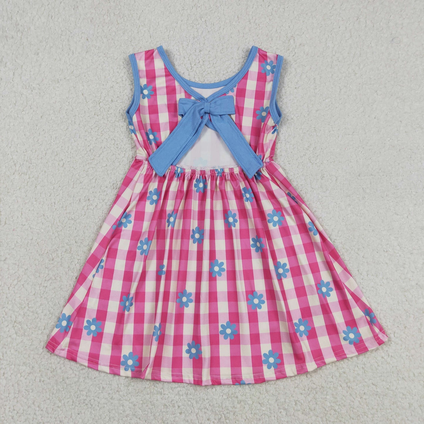 GSD4007 Rose Red Plaid Blue Flower Bow Sleeveless Dresses for Girls 202605 RTS