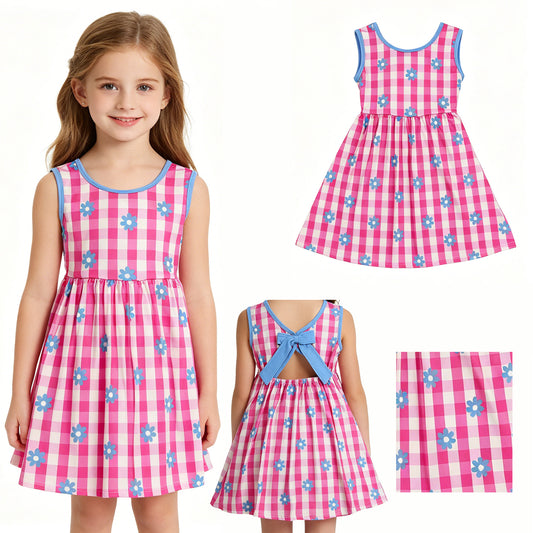 GSD4007 Rose Red Plaid Blue Flower Bow Sleeveless Dresses for Girls 202605 RTS