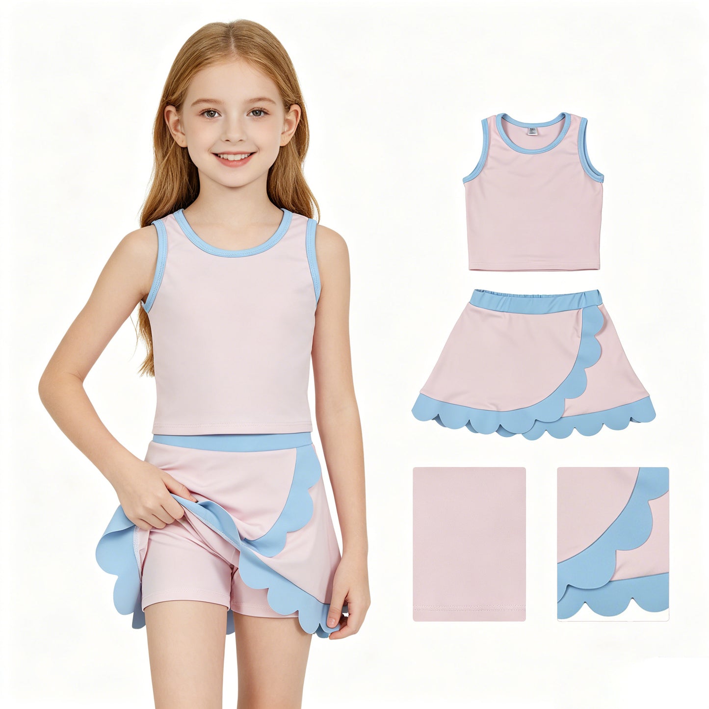 GSD4010 Light Pink Blue Wave Ruffle Sleeveless Top with Skirts for Girls Yoga Sets 202605 RTS