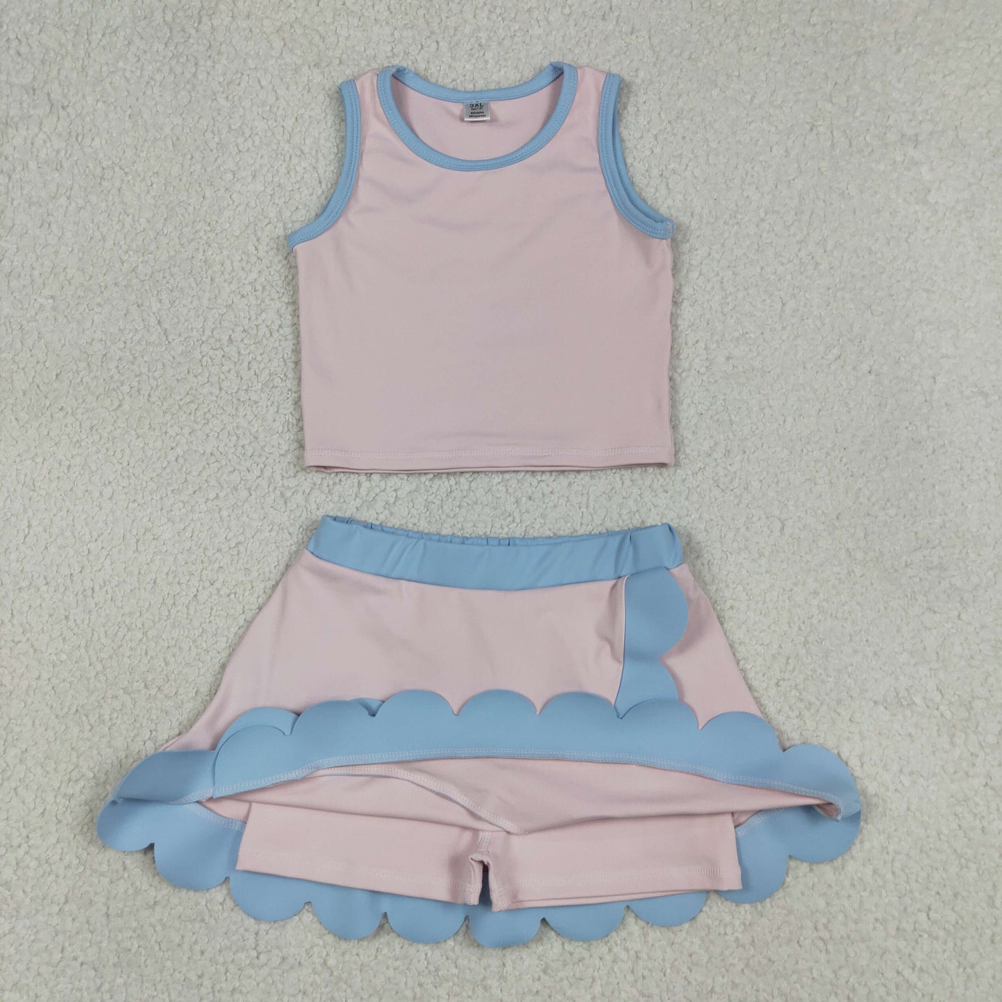 GSD4010 Light Pink Blue Wave Ruffle Sleeveless Top with Skirts for Girls Yoga Sets 202605 RTS