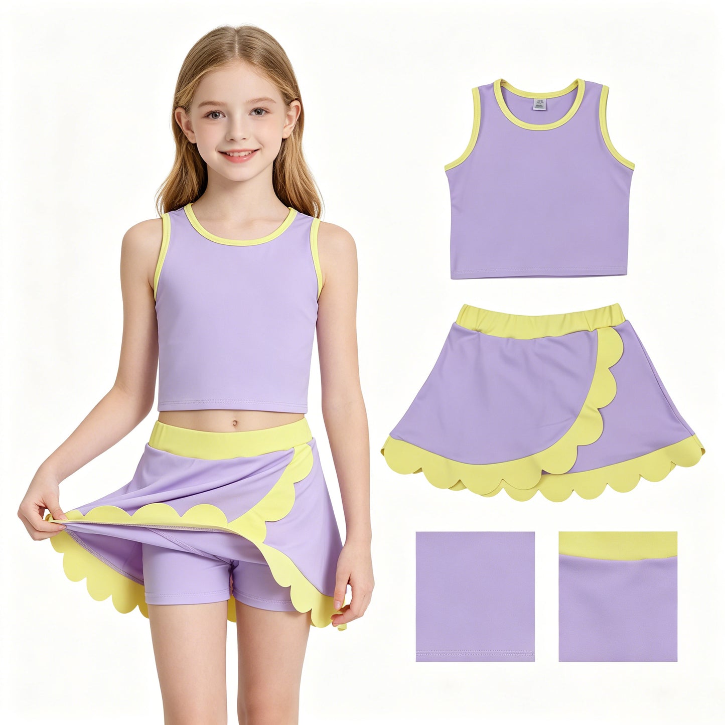 GSD4011 Light Purple Yellow Wave Ruffle Sleeveless Top with Skirts for Girls Yoga Sets 202605 RTS