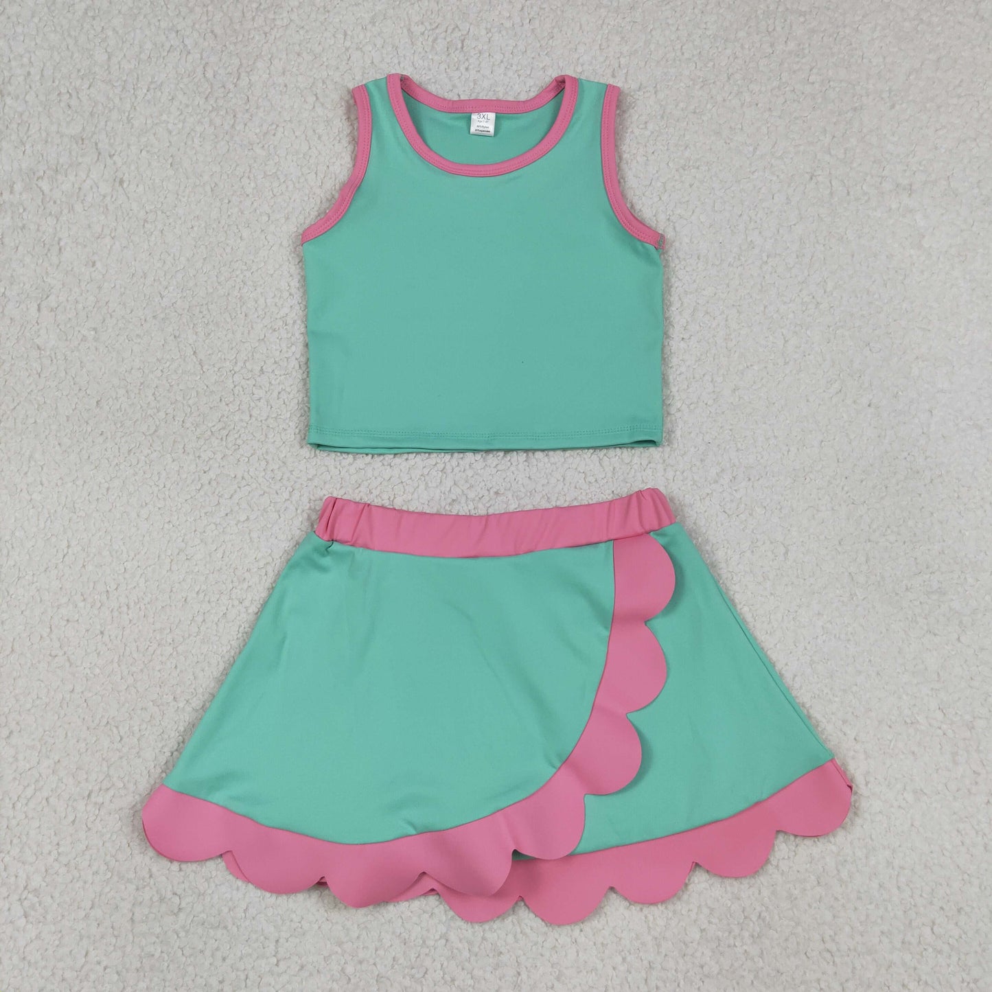 GSD4012 Light Green Pink Wave Ruffle Sleeveless Top with Skirts for Girls Yoga Sets 202605 RTS
