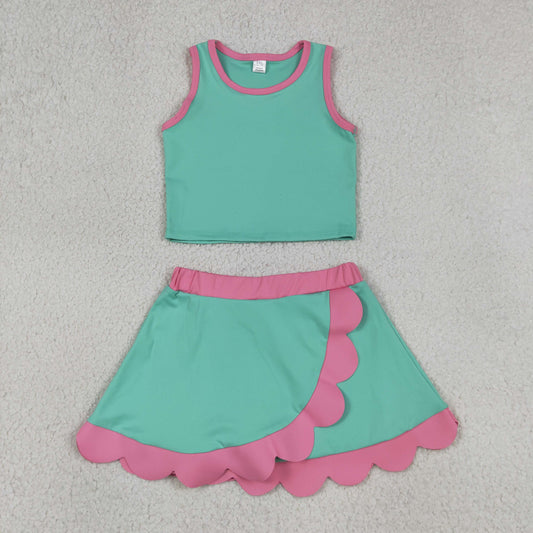 GSD4012 Light Green Pink Wave Ruffle Sleeveless Top with Skirts for Girls Yoga Sets 202605 RTS